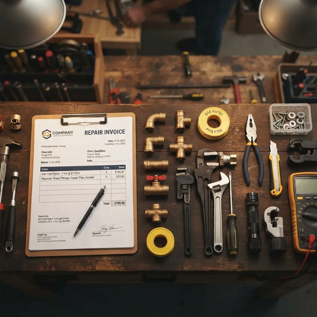 Overhead shot of tools, gas pipe fittings, and cost invoice on a workbench with warm lighting, conveying repair cost transparency and
