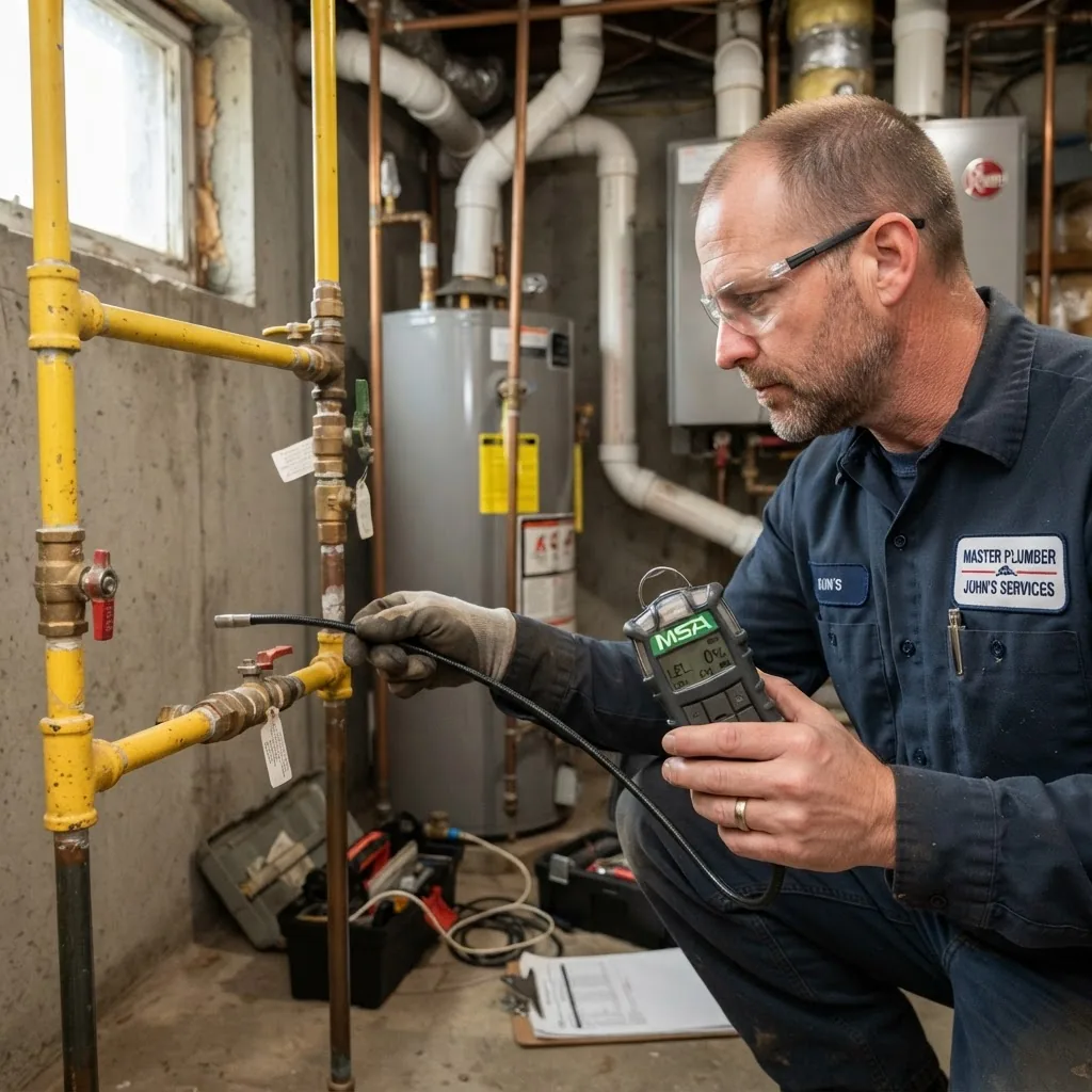 Close-up photo of a licensed plumber using gas detection equipment near residential gas piping, in natural daylight, home utility room