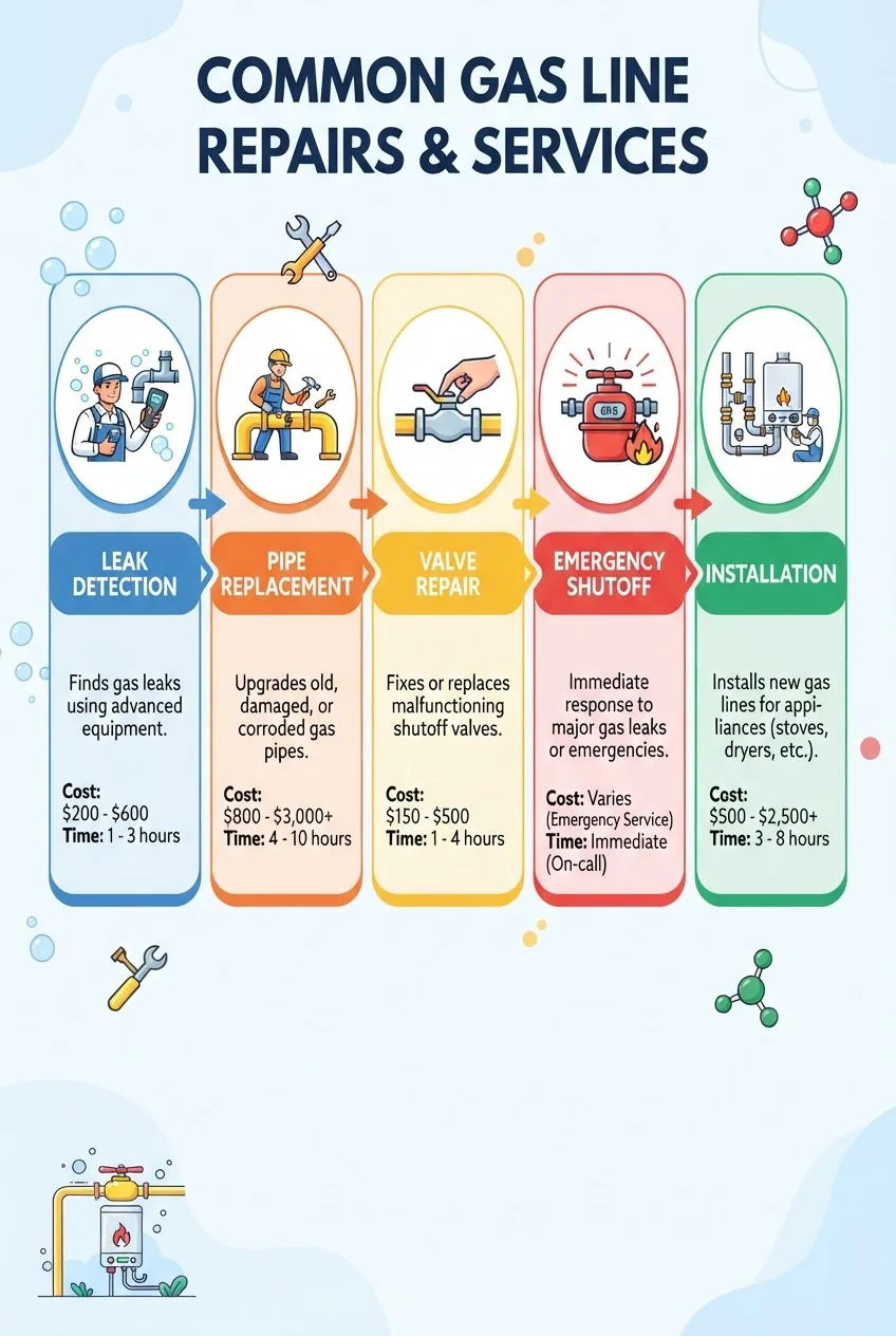 Infographic illustrating 5 common gas line repairs with icons and short descriptions: leak detection, pipe replacement, valve repair,