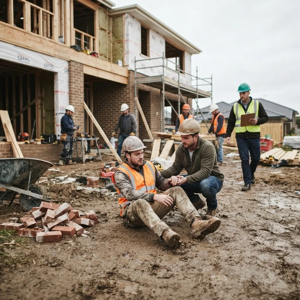 Photo of a minor construction site accident, such as a worker slipping or damaged property on a residential build, capturing realistic
