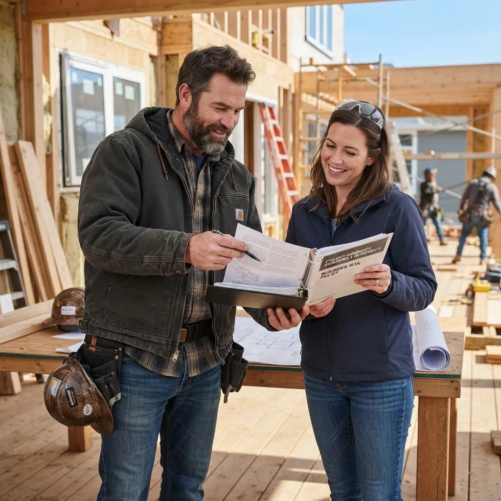Photograph of a professional contractor in work clothes reviewing insurance documents with a homeowner on a residential construction site,