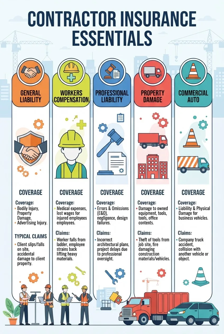 An infographic with five columns, each showing a distinct contractor insurance type: General Liability, Workers Compensation, Professional