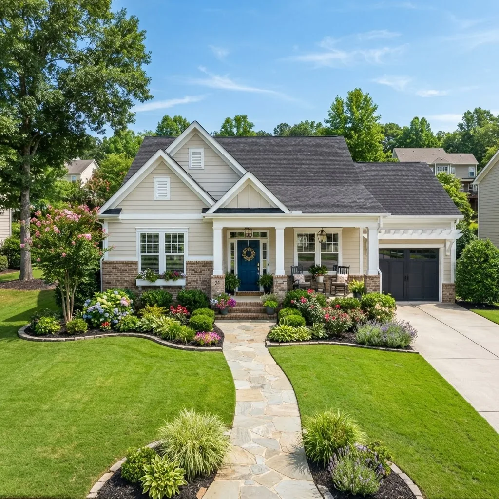 a neatly landscaped suburban house exterior with freshly painted front door and trim, manicured lawn, flower beds, and a clear blue sky,