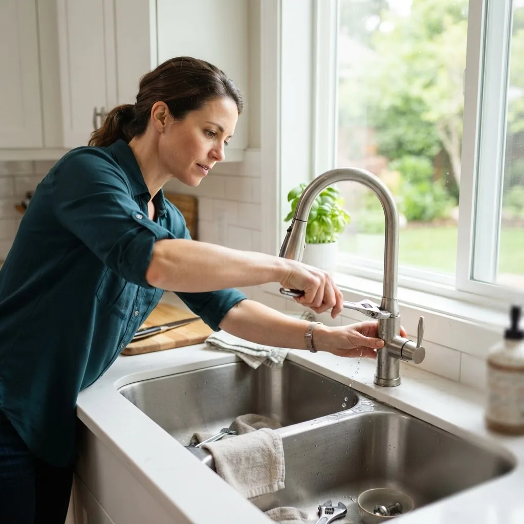a homeowner inspecting and repairing a leaky faucet in a modern kitchen, with natural daylight, clear focus on hands fixing the fixture,