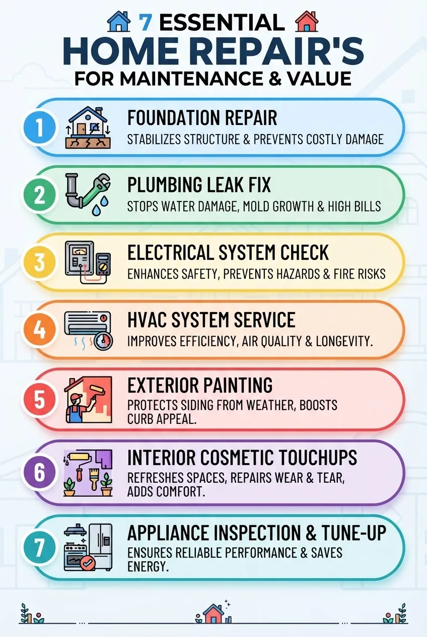 shows a numbered list of the 7 essential home repairs with icons: foundation repair, plumbing leak, electrical check, HVAC service,