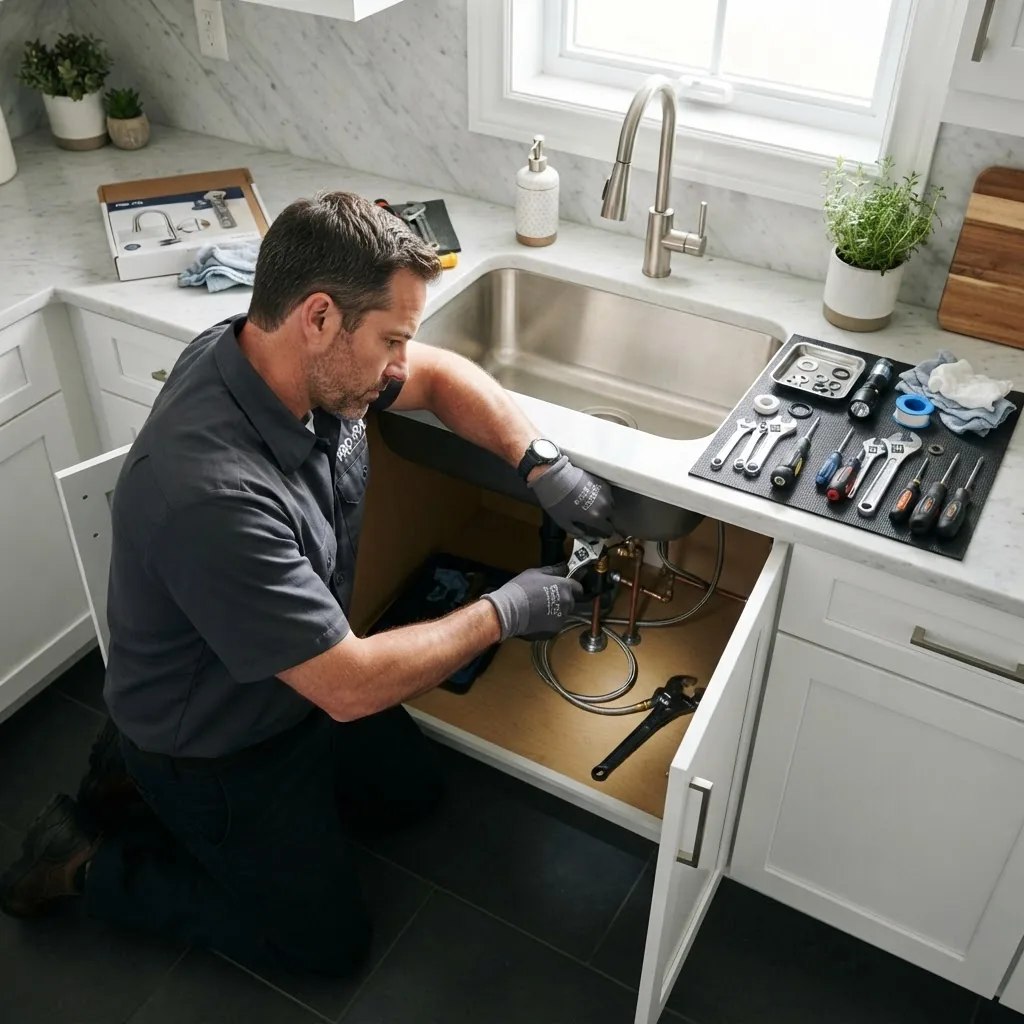 An overhead shot of a professional handyman at work fixing a faucet in a modern kitchen, tools and parts neatly arranged nearby, bright