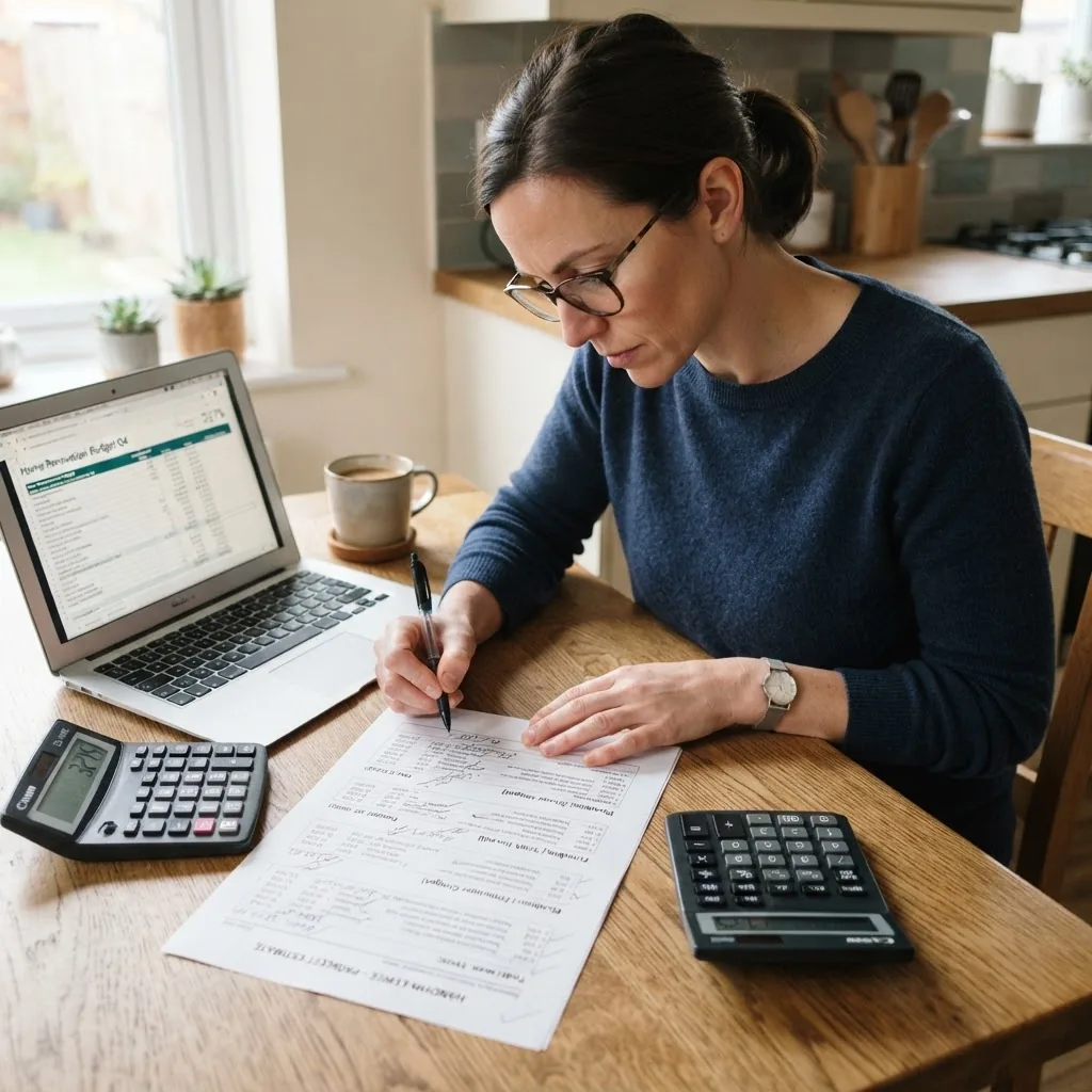 A close-up, well-lit photo of a homeowner reviewing a detailed handwritten or printed handyman estimate sheet at a kitchen table, with a