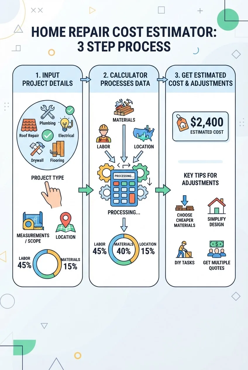 A clean, three-step infographic showing: 1) Input project details with icons for different repair types, 2) Calculator processes labor,
