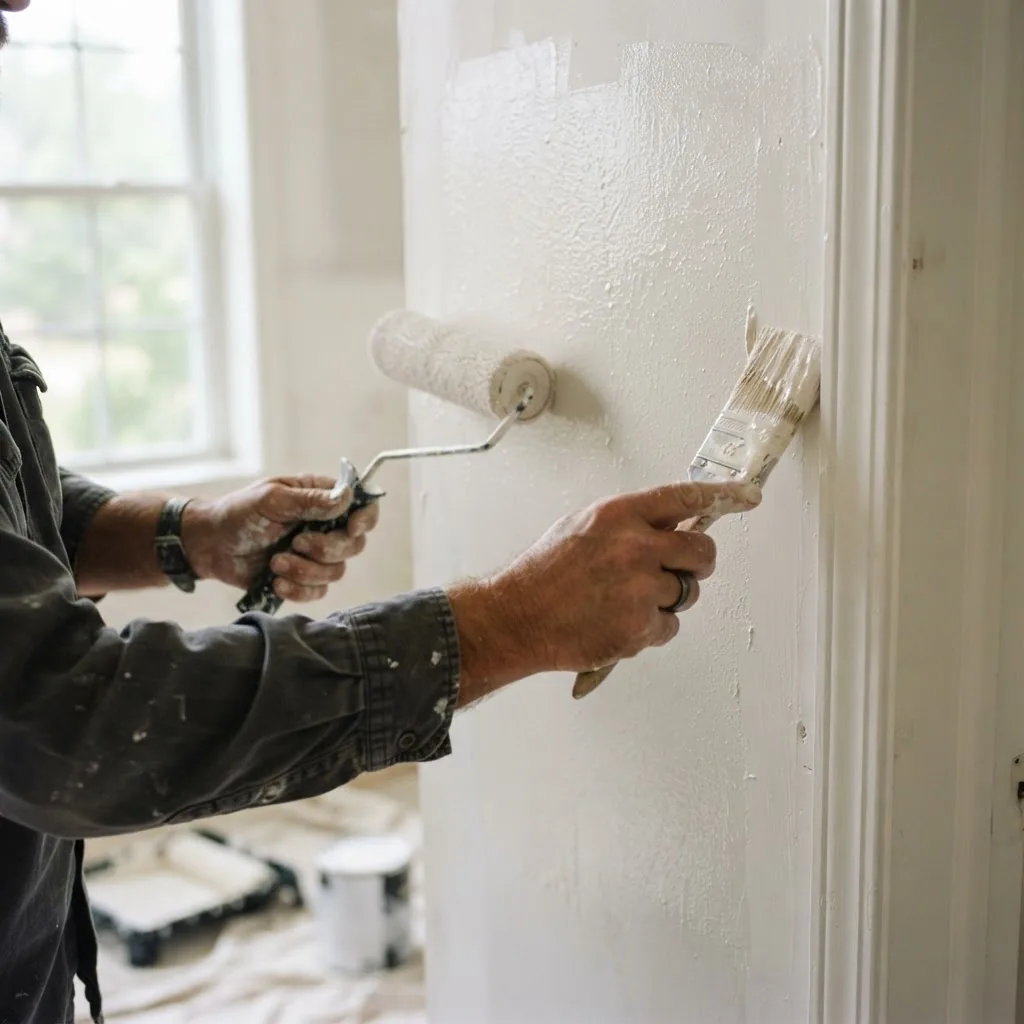 a handyman’s hands using paintbrush and roller on a drywall surface indoors, natural daylight through window, focus on tools and texture of