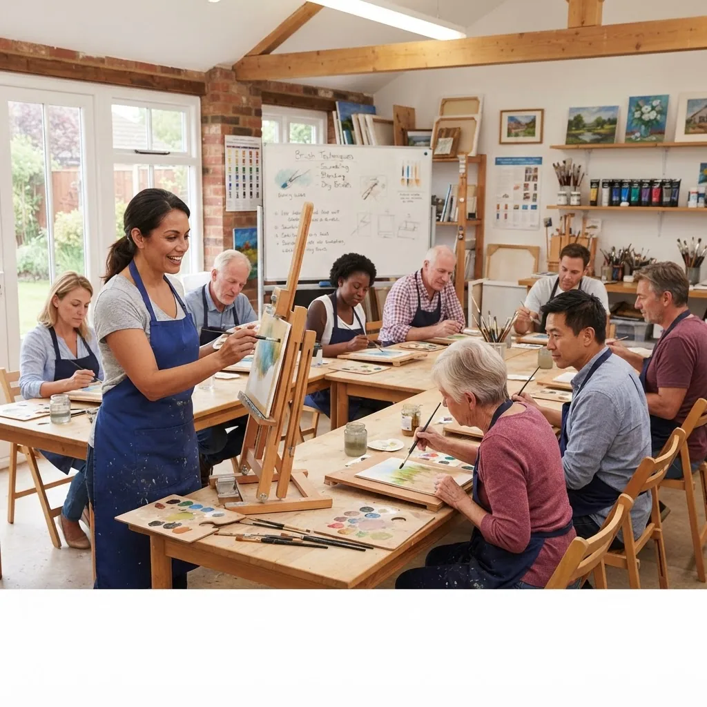 classroom setting with adult students practicing painting techniques on boards, instructor demonstrating proper brush technique, well-lit