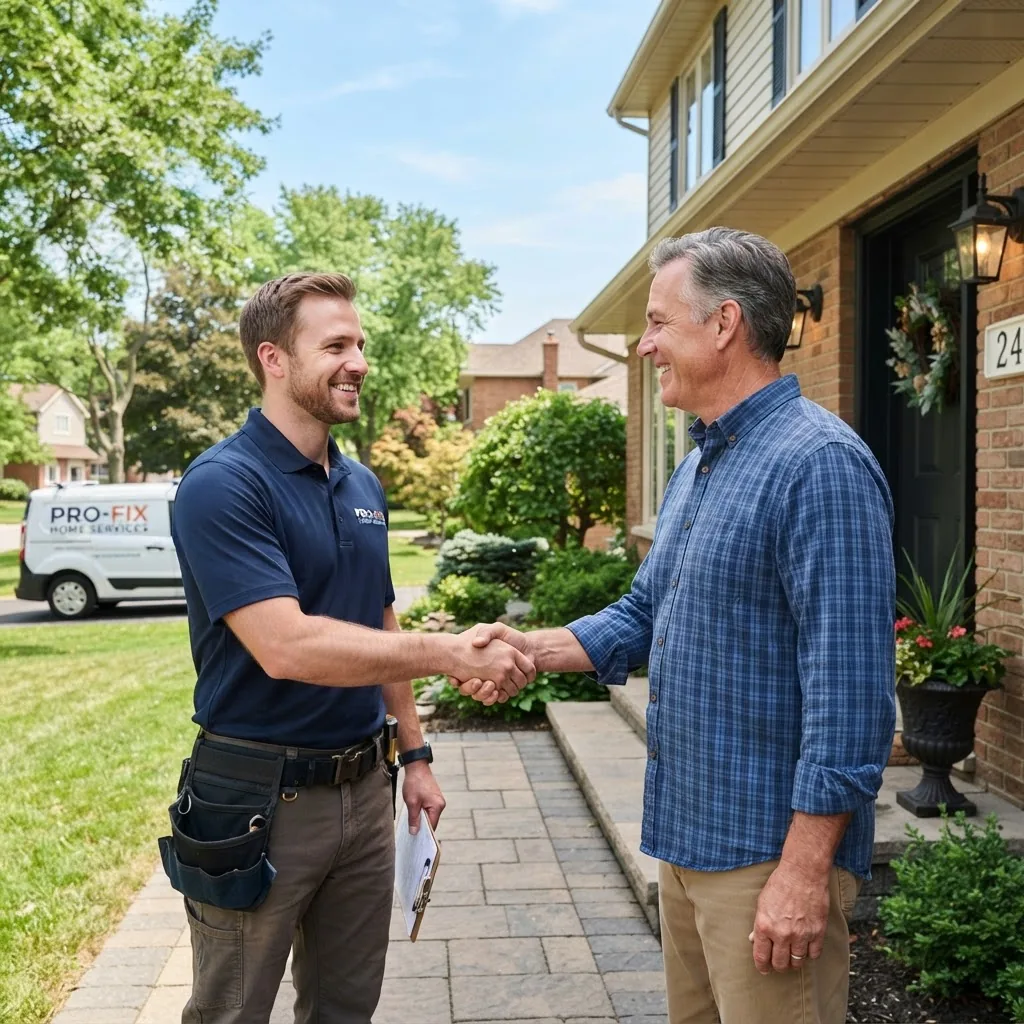 friendly handyman shaking hands with a middle-aged homeowner outside a suburban house, bright daylight, clear sky, casual professional