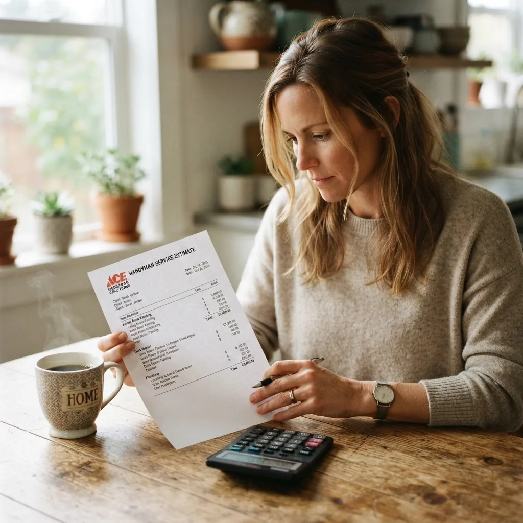 a homeowner reviewing a printed handyman quote document on a kitchen table, natural daylight, with a coffee cup and calculator nearby, warm