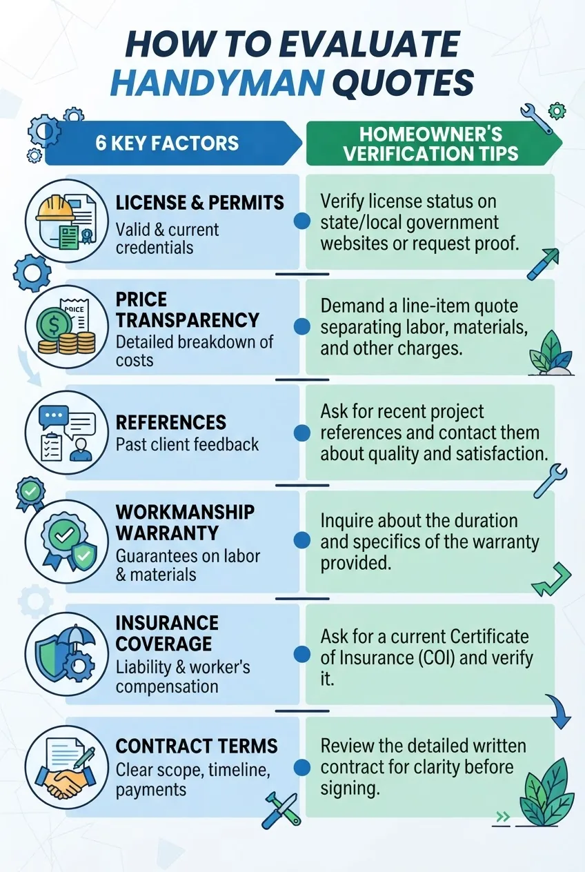 An infographic with a two-column comparison checklist titled “How to Evaluate Handyman Quotes” — left column with 6 key factors (license,