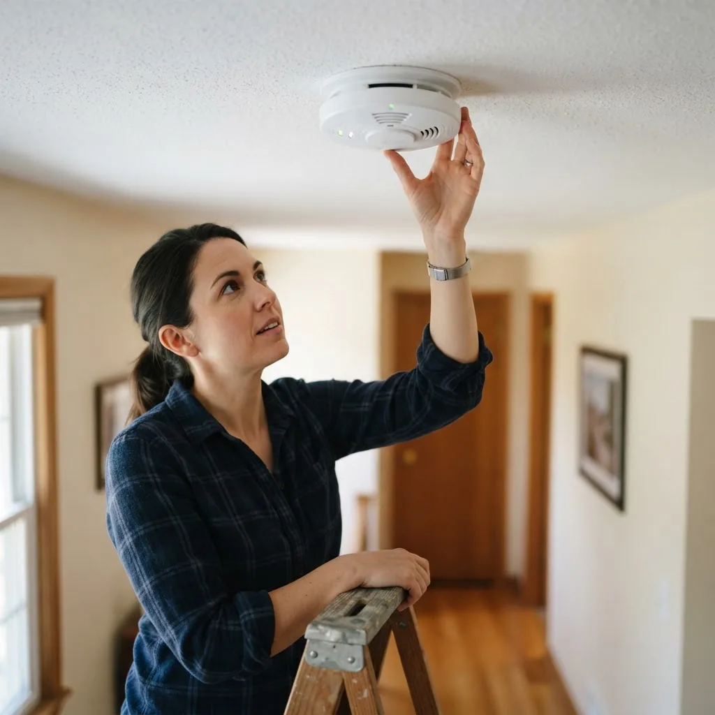 mid-shot of a professional or informed homeowner inspecting a smoke and carbon monoxide detector on a ceiling in a residential hallway,