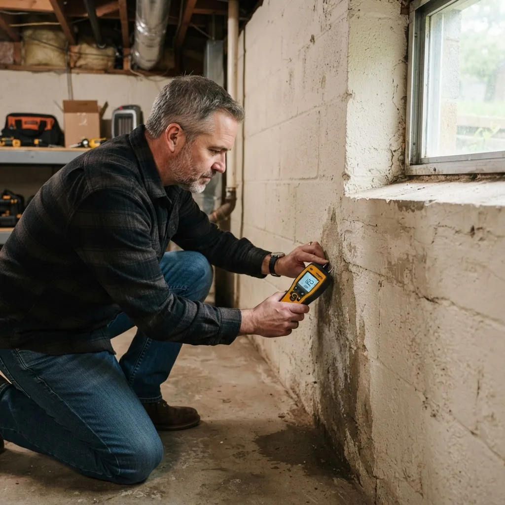 a homeowner using a handheld moisture meter near a basement wall, with visible wall texture and light from a nearby window, illustrating