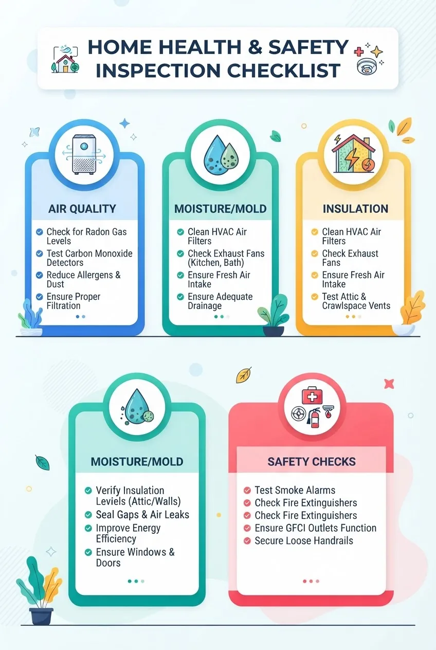 shows a segmented checklist with icons: air quality, moisture/mold, ventilation, insulation, safety checks; each section includes 3-4