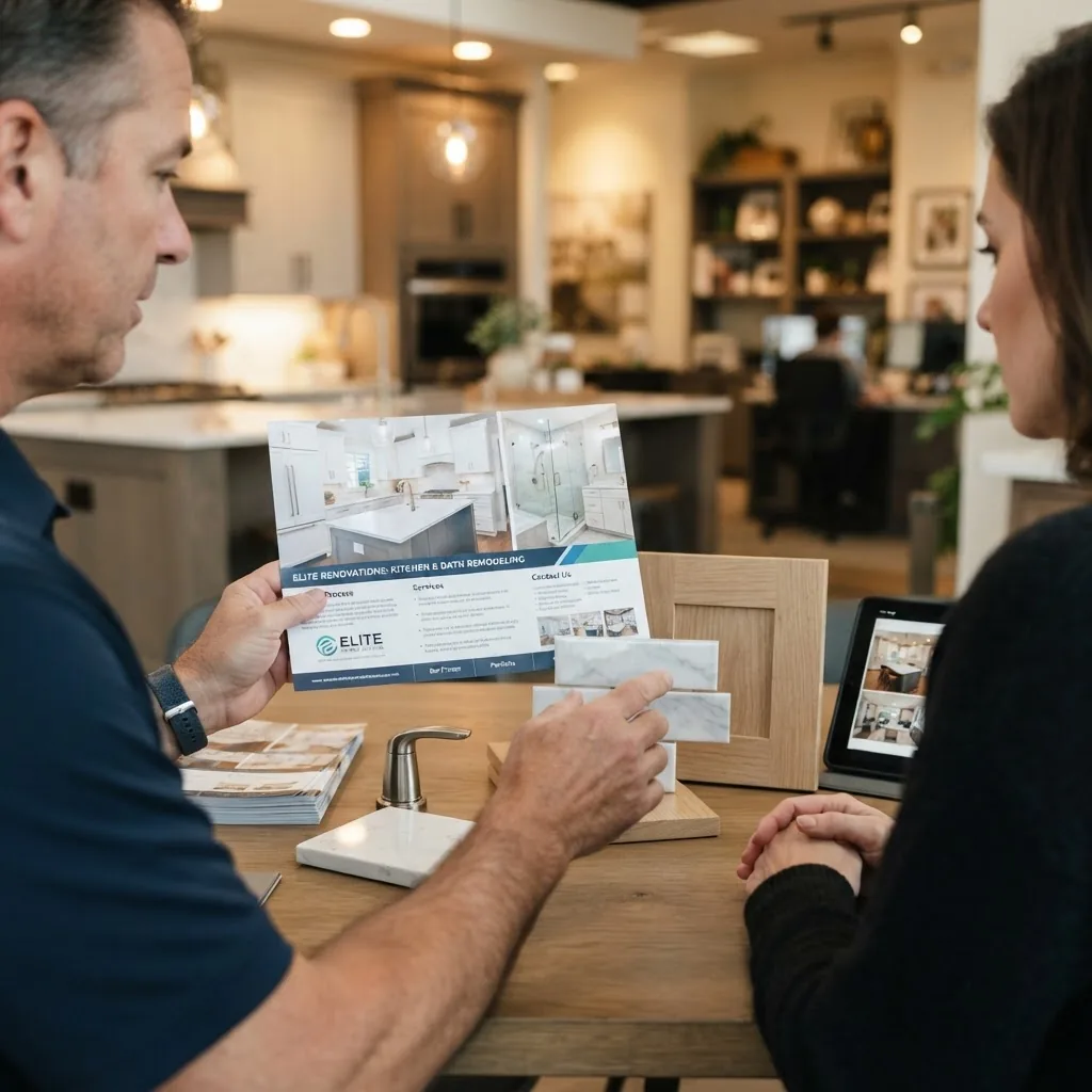 Close-up of a contractor showing renovation service brochures and samples of kitchen and bathroom remodeling projects, warm indoor