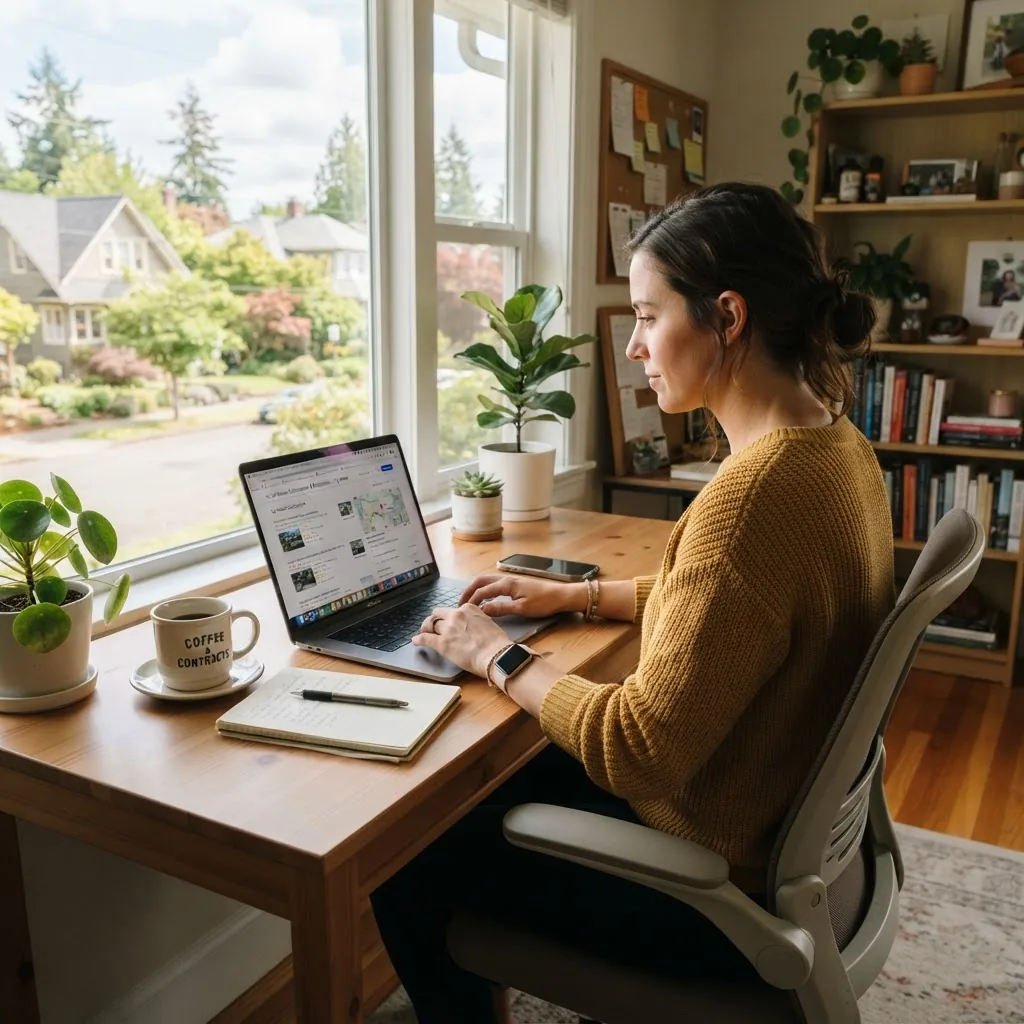 A well-lit home office scene with a person using a laptop to search local contractor listings online, with a cozy residential neighborhood
