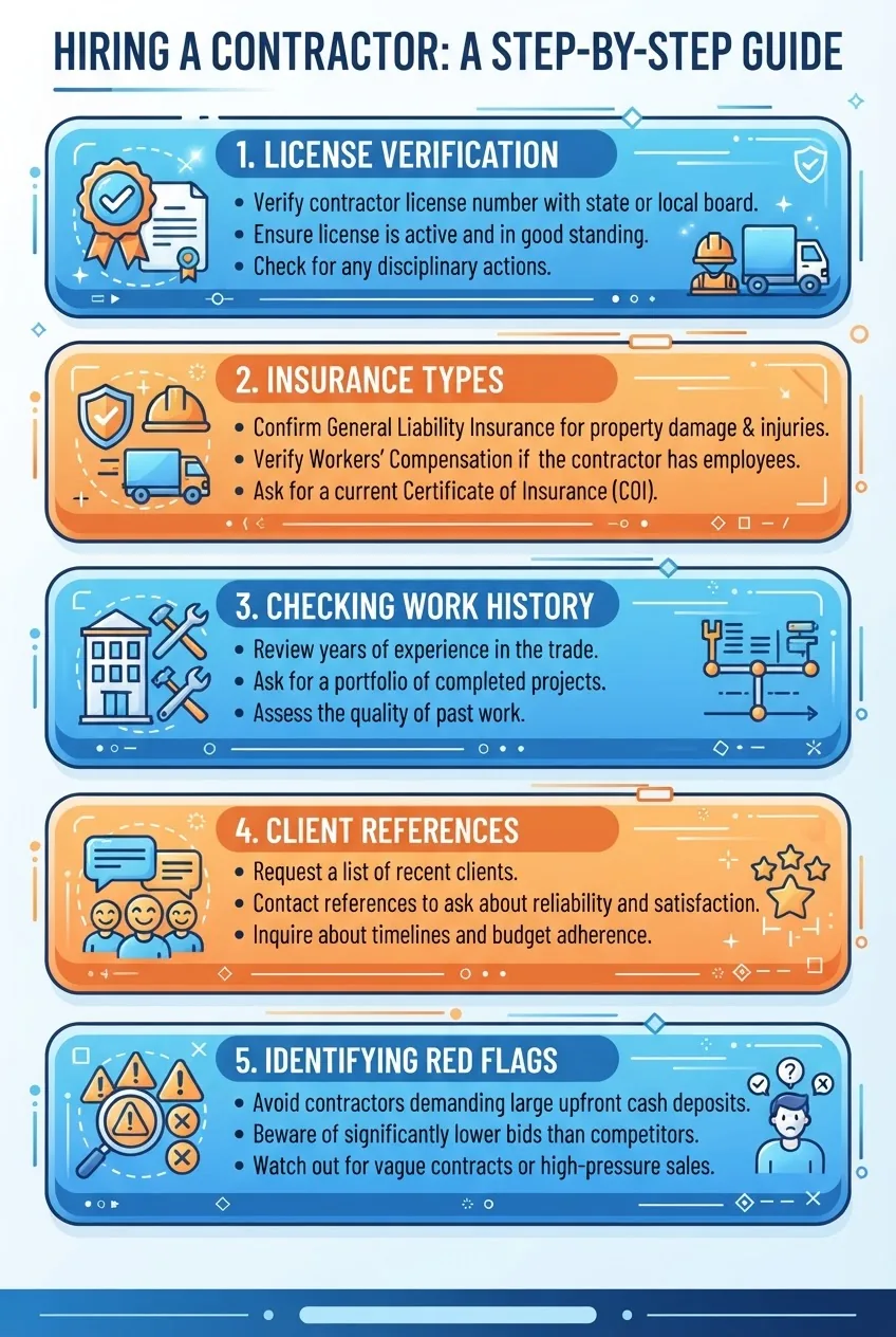 A vertical infographic divided into 5 sections illustrating: license verification, insurance types, checking work history, client