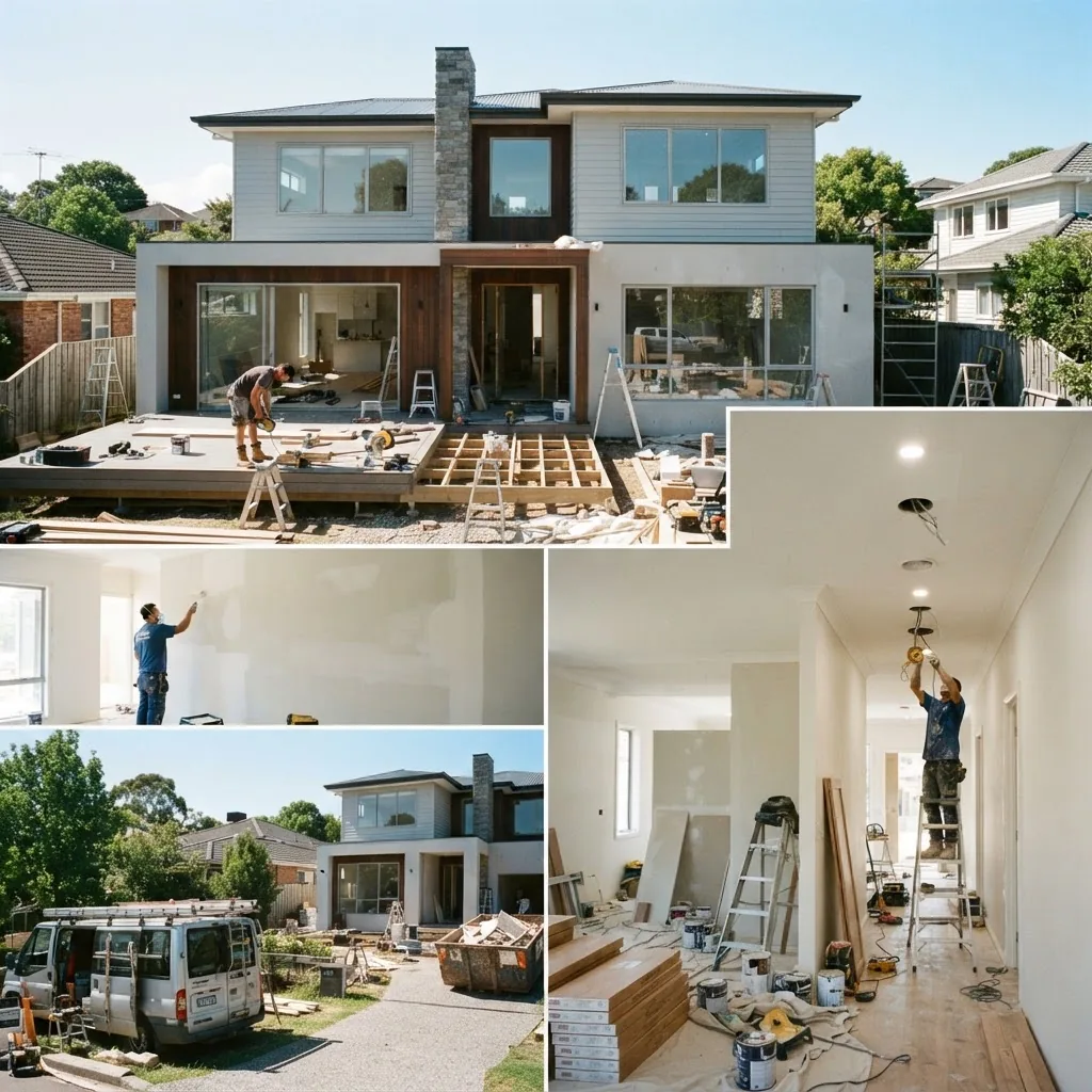 well-lit modern family home with ongoing renovation activity visible, showing workers painting walls and installing new fixtures, exterior