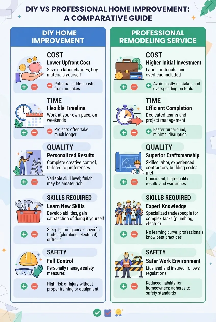 compares two columns titled “DIY Home Improvement” and “Professional Remodeling Service,” each column showing 5 icons with short pros and