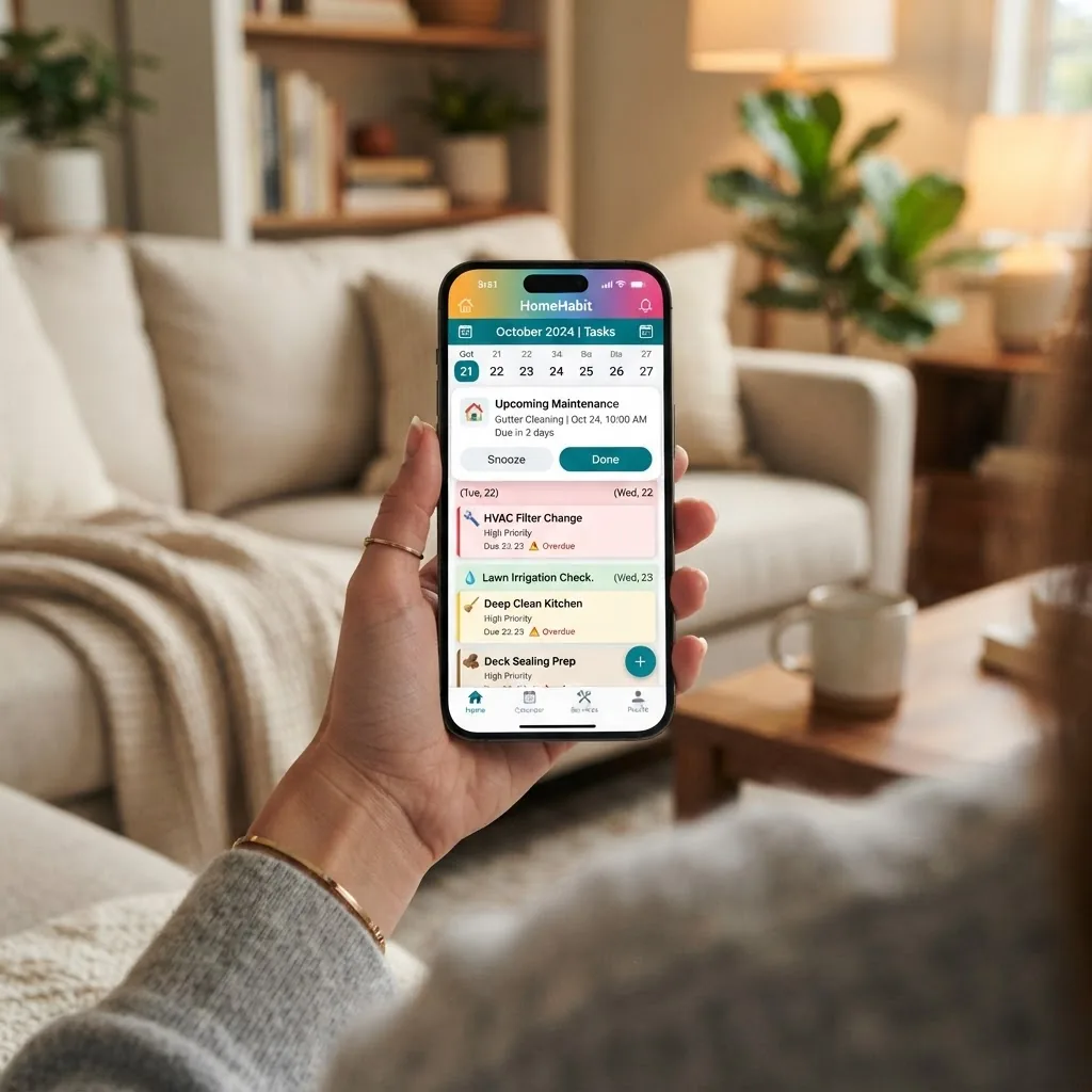 Close-up of a smartphone screen displaying a colorful home maintenance scheduling app interface, with an overlay of calendar notifications