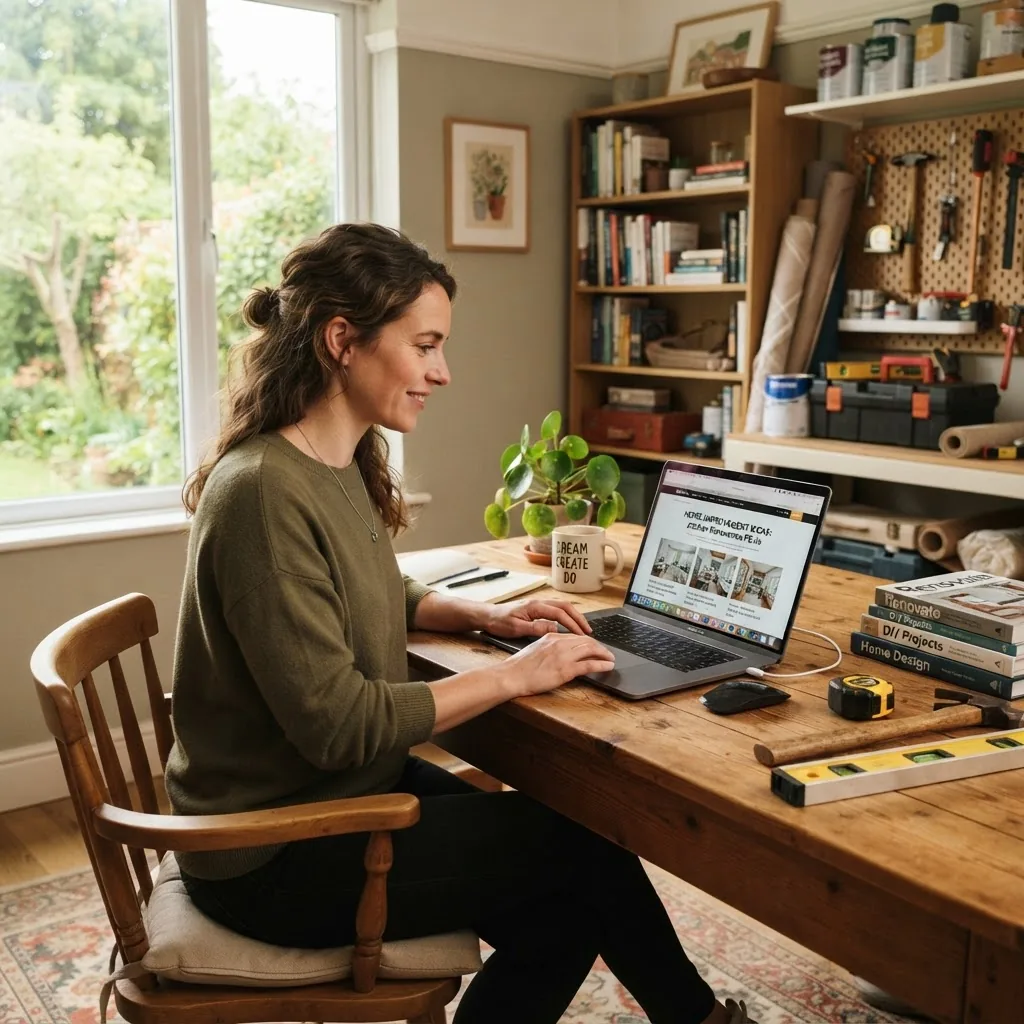 A bright, inviting home office scene showing a person browsing a laptop on a wooden desk with home repair tools and plant nearby, daylight
