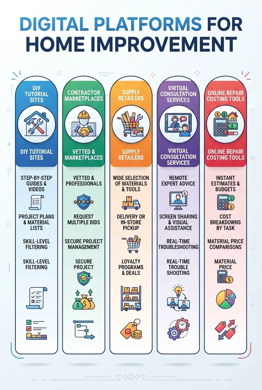 A clean infographic with five columns, each representing a platform type: DIY tutorial sites, contractor marketplaces, supply retailers,