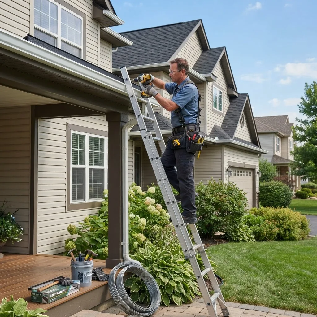 A bright, well-lit image of a homeowner installing gutter guards on a suburban house exterior during daytime with clear skies, showing