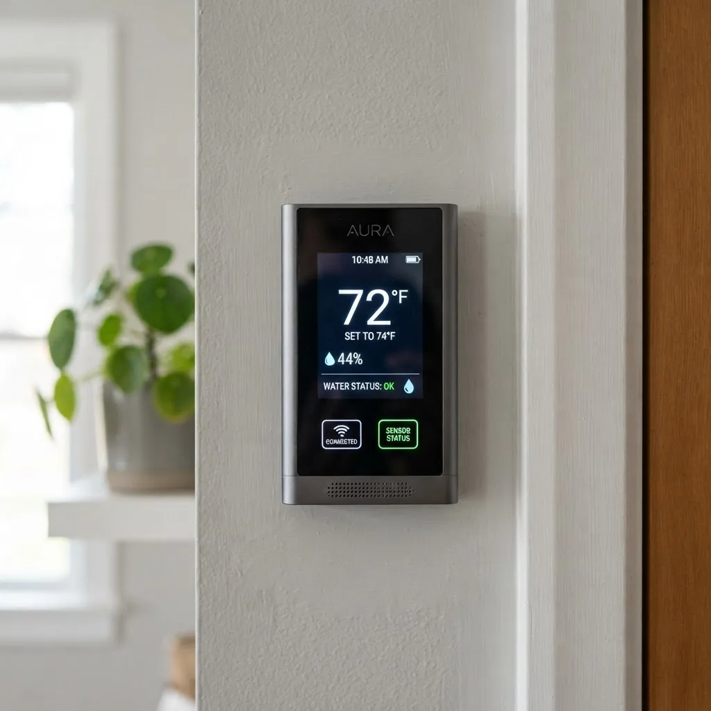 A close-up image of a modern smart leak detector and thermostat device mounted on an interior wall in a clean, contemporary home setting