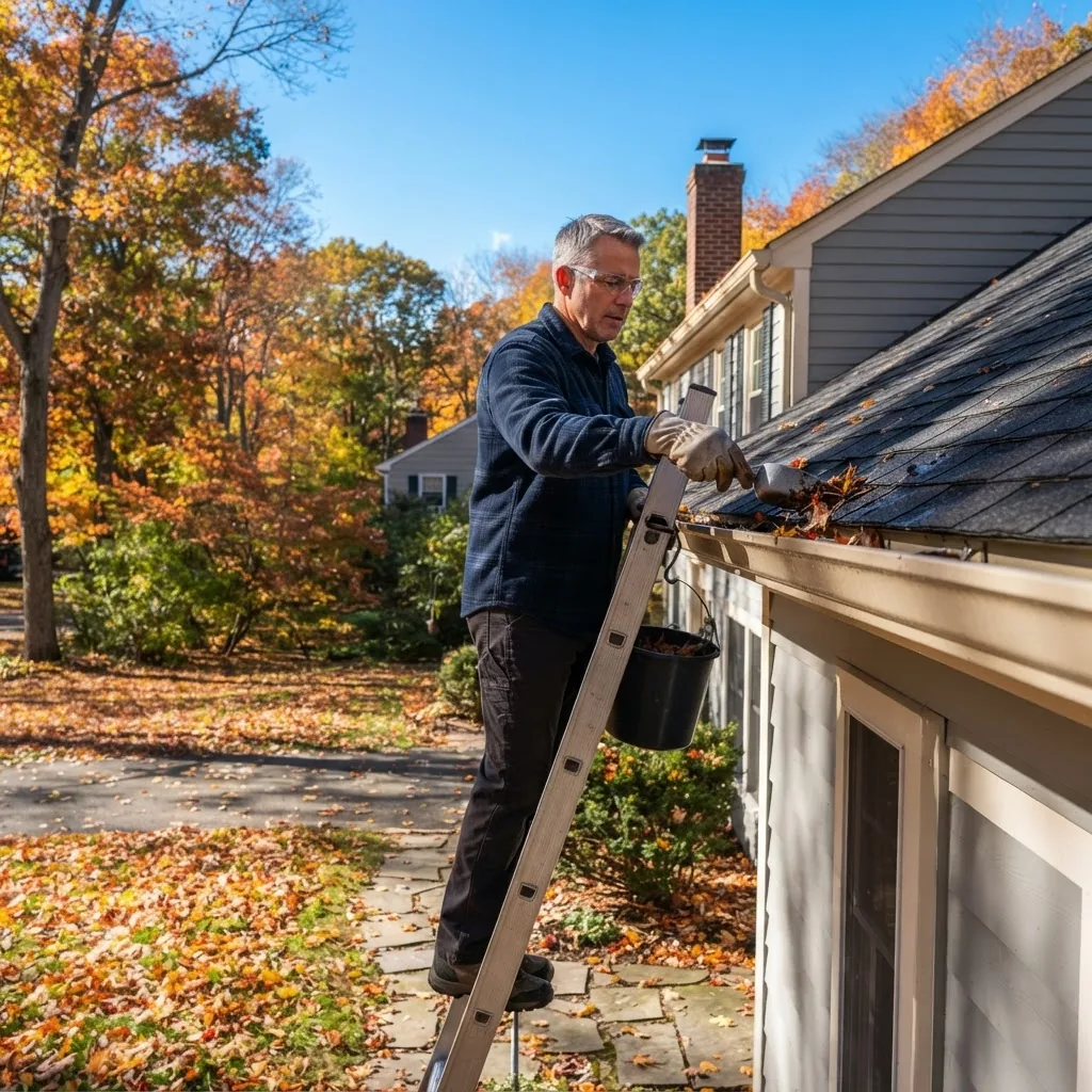 A bright photo showing a homeowner cleaning gutters on a sunny autumn day, wearing work gloves and safety glasses, surrounded by fallen