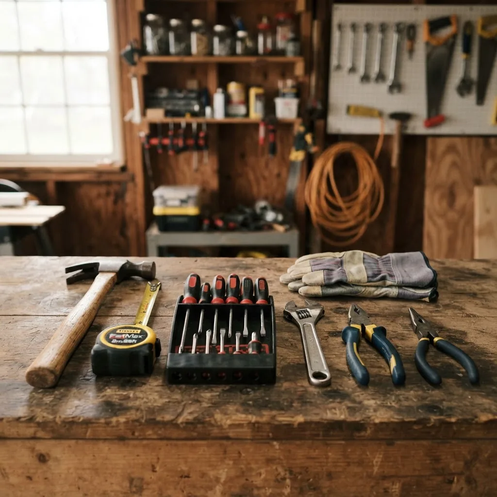 A close-up photo of a well-organized basic home maintenance toolkit displayed on a wooden workbench, natural daylight from window, tools
