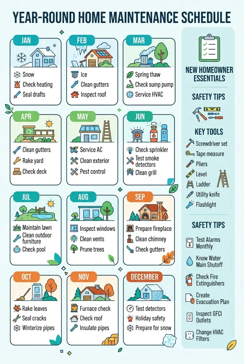 An infographic showing a monthly home maintenance schedule divided into 12 segments for each month, icons representing seasonal tasks like