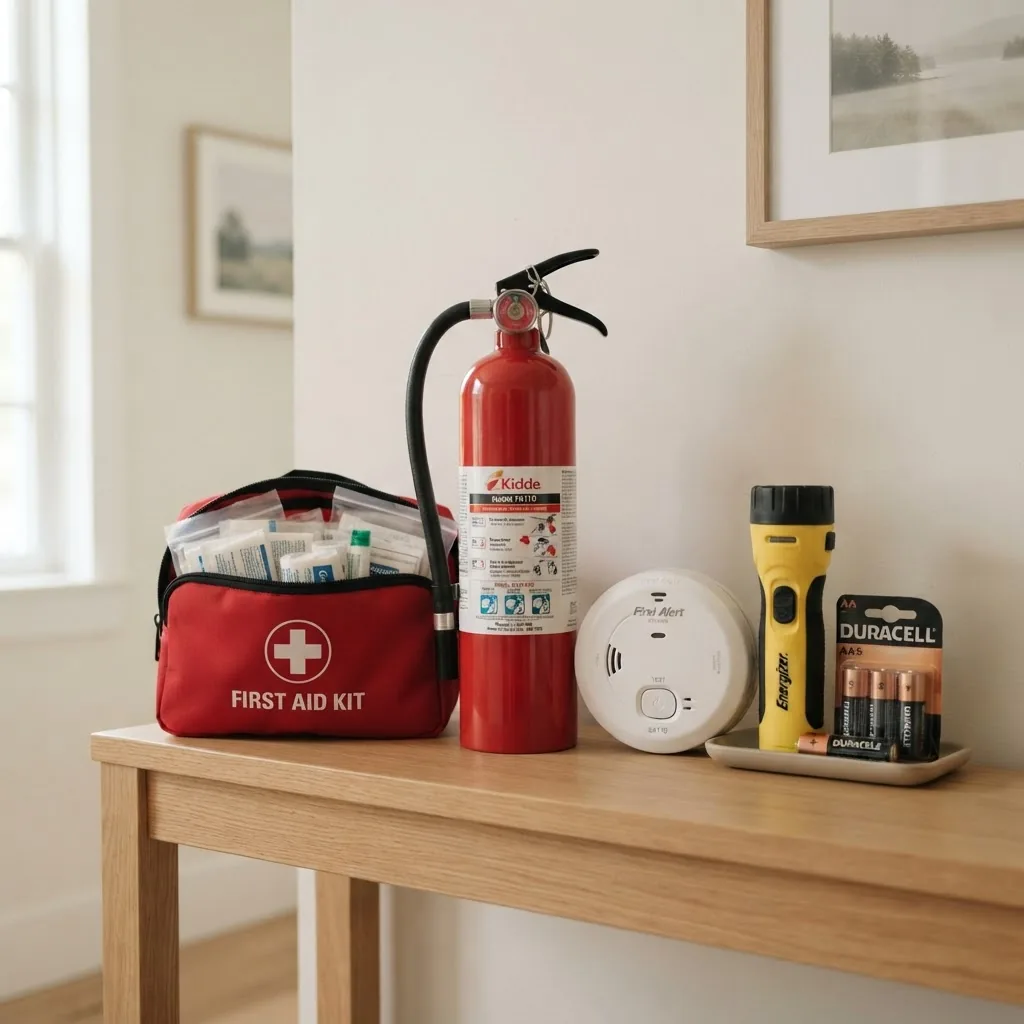 home safety kit setup featuring a fire extinguisher, first aid kit, smoke detector, emergency flashlight, and batteries arranged on a clean