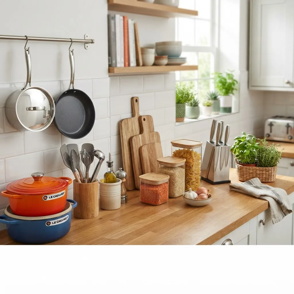 bright, modern kitchen countertop displaying neatly arranged essential kitchen tools including pots, pans, utensils, cutting boards, and
