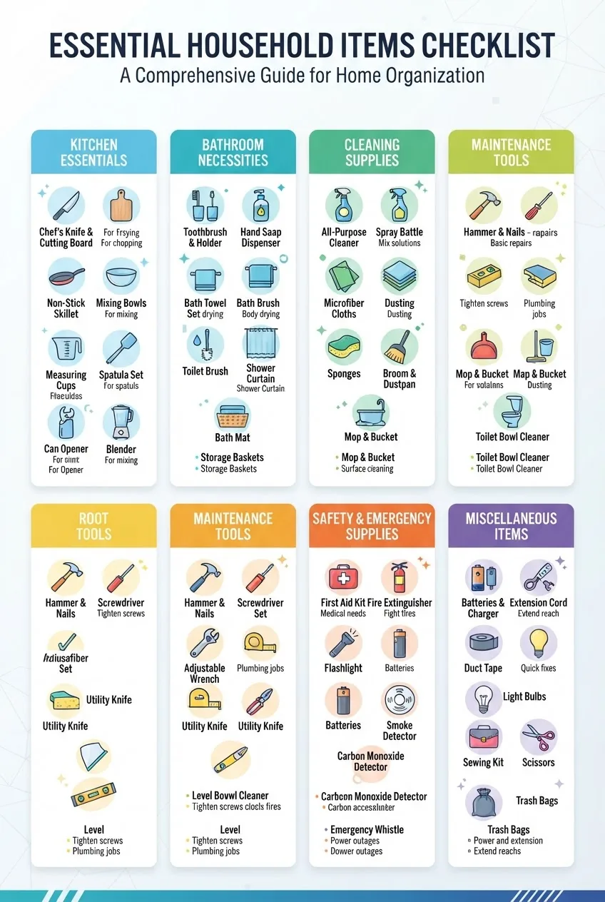 divided into six columns with icons and short bullet lists for each category: Kitchen Essentials, Bathroom Necessities, Cleaning Supplies,