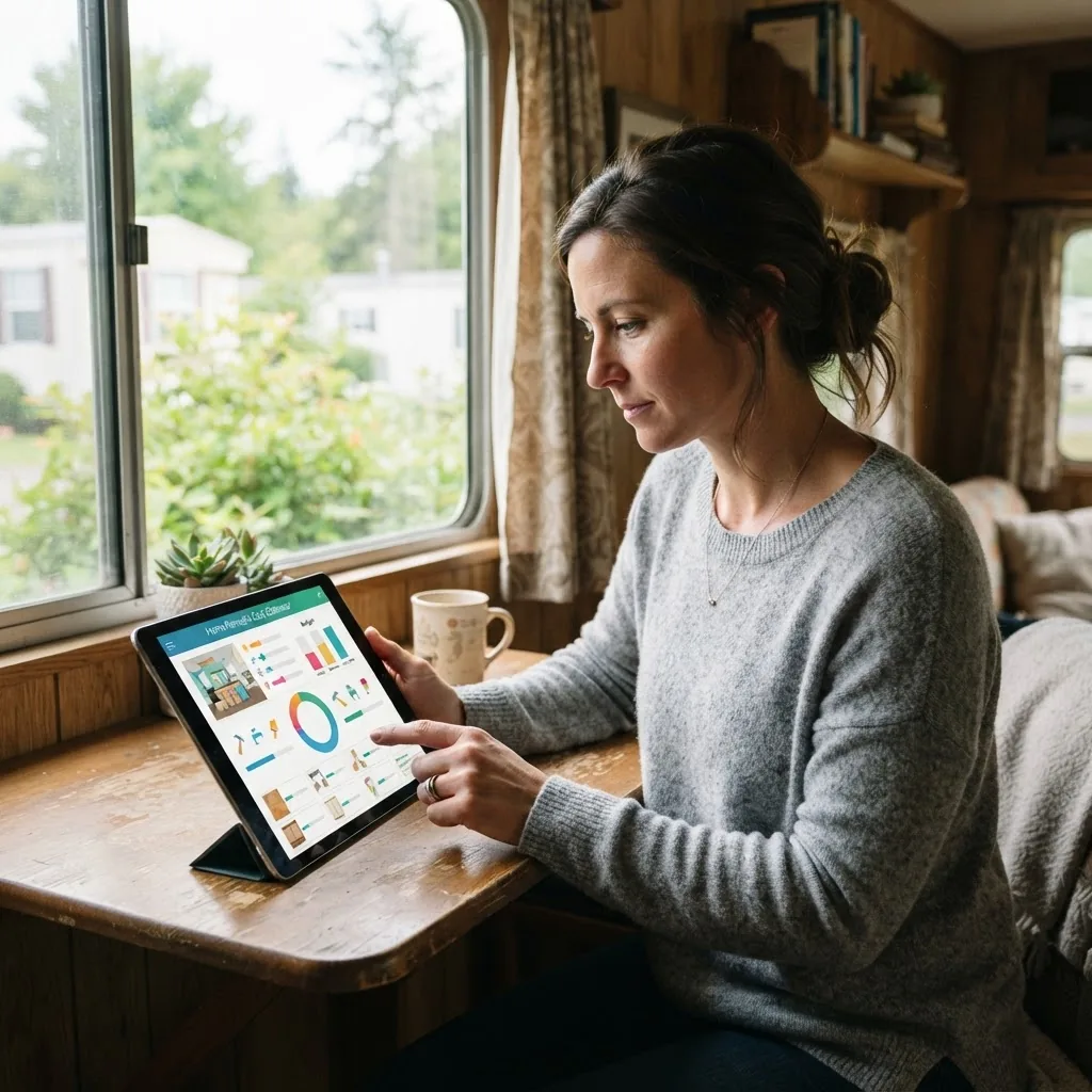 close-up of a person using a tablet with a home remodeling cost calculator app interface visible (no text), sitting inside a mobile home