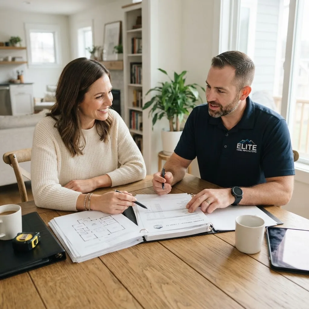 bright, professional indoor scene showing a homeowner and contractor reviewing printed remodeling quotes together at a dining table,