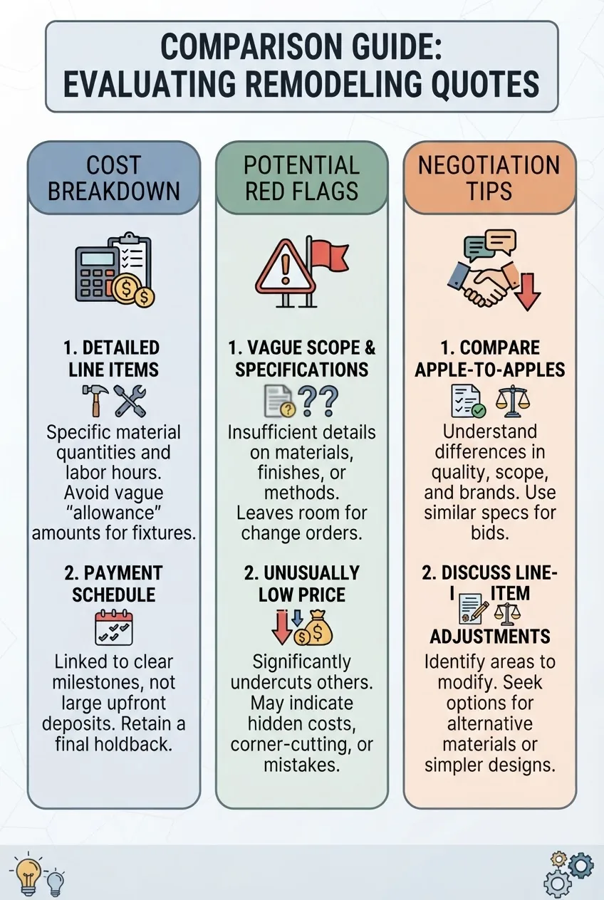 shows a three-column comparison of three remodeling quotes. Columns titled “Cost Breakdown,” “Potential Red Flags,” and “Negotiation Tips,”