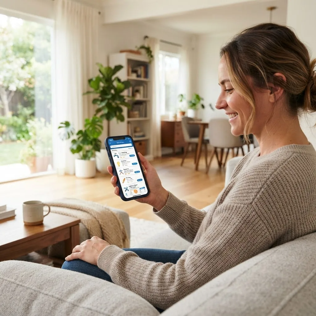 Photo of a person holding a smartphone displaying a home repair app interface showing a list of handyman services, bright well-lit modern