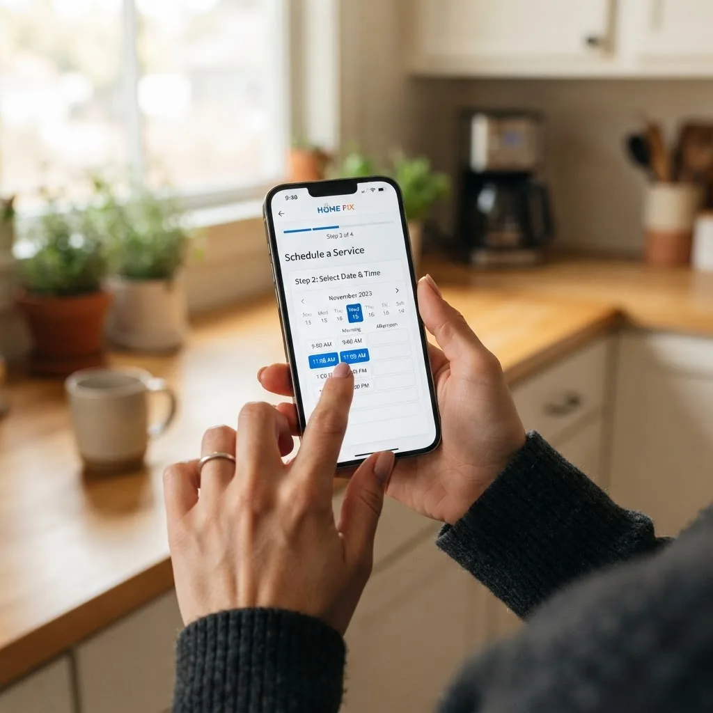 Close-up of hands interacting with a smartphone, showing a step-by-step service booking screen of a home repair app, indoor kitchen
