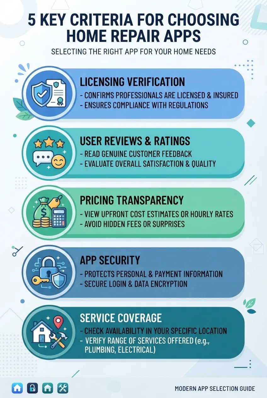 illustrates 5 key criteria for choosing home repair apps: Licensing Verification, User Reviews & Ratings, Pricing Transparency, App