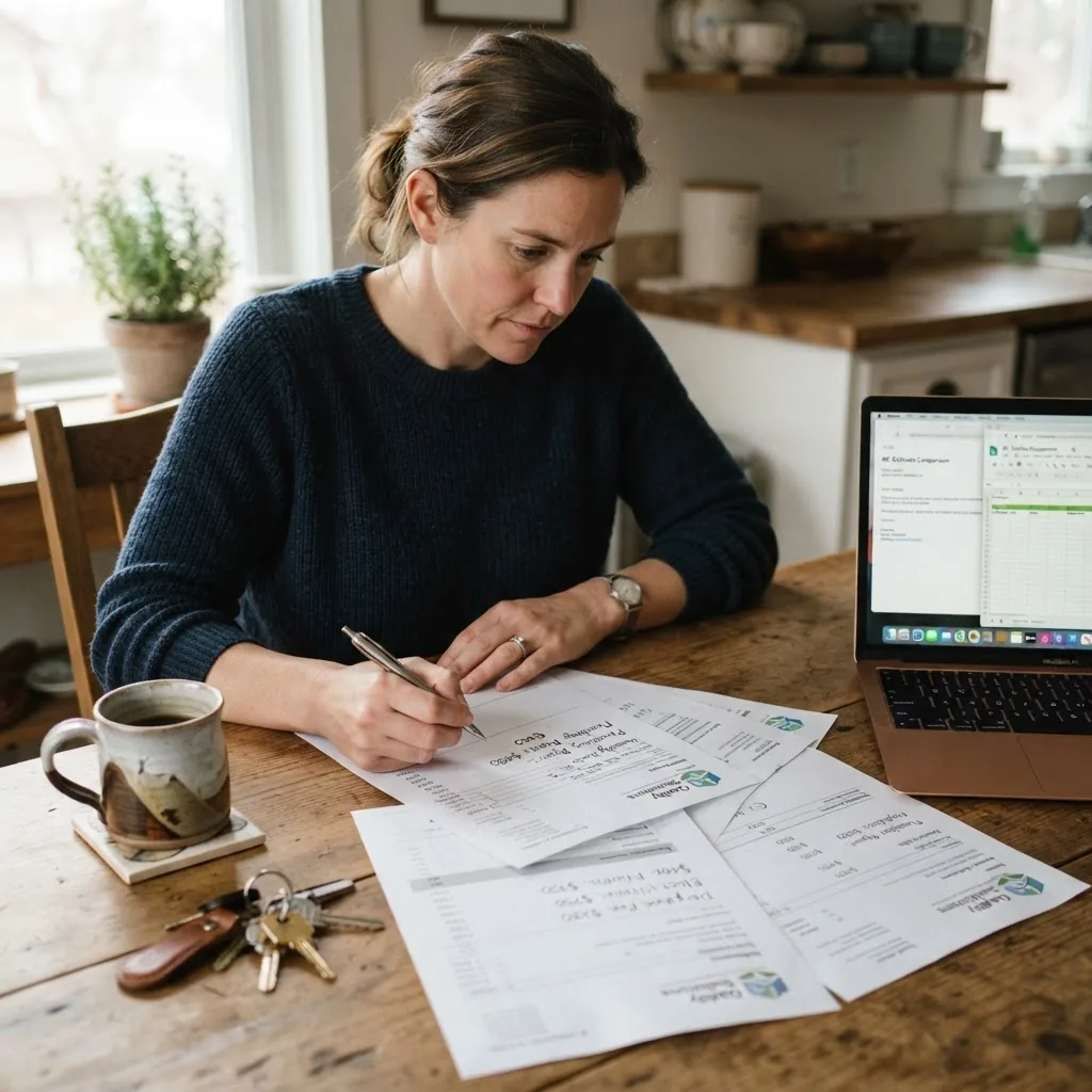 Close-up image of a homeowner reviewing multiple detailed handyman estimates on paper and a laptop at a kitchen table, natural indoor