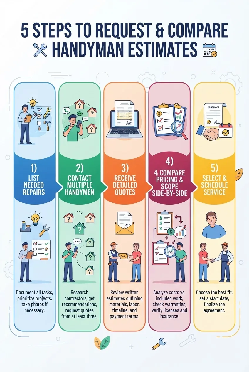 A clean infographic showing a 5-step process to request and compare handyman estimates: 1) List needed repairs, 2) Contact multiple