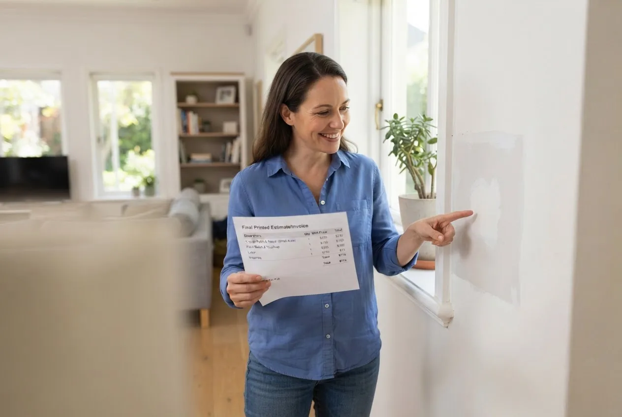 a homeowner inspecting a completed small repair project while holding the final printed estimate next to the work area, daylight, clear