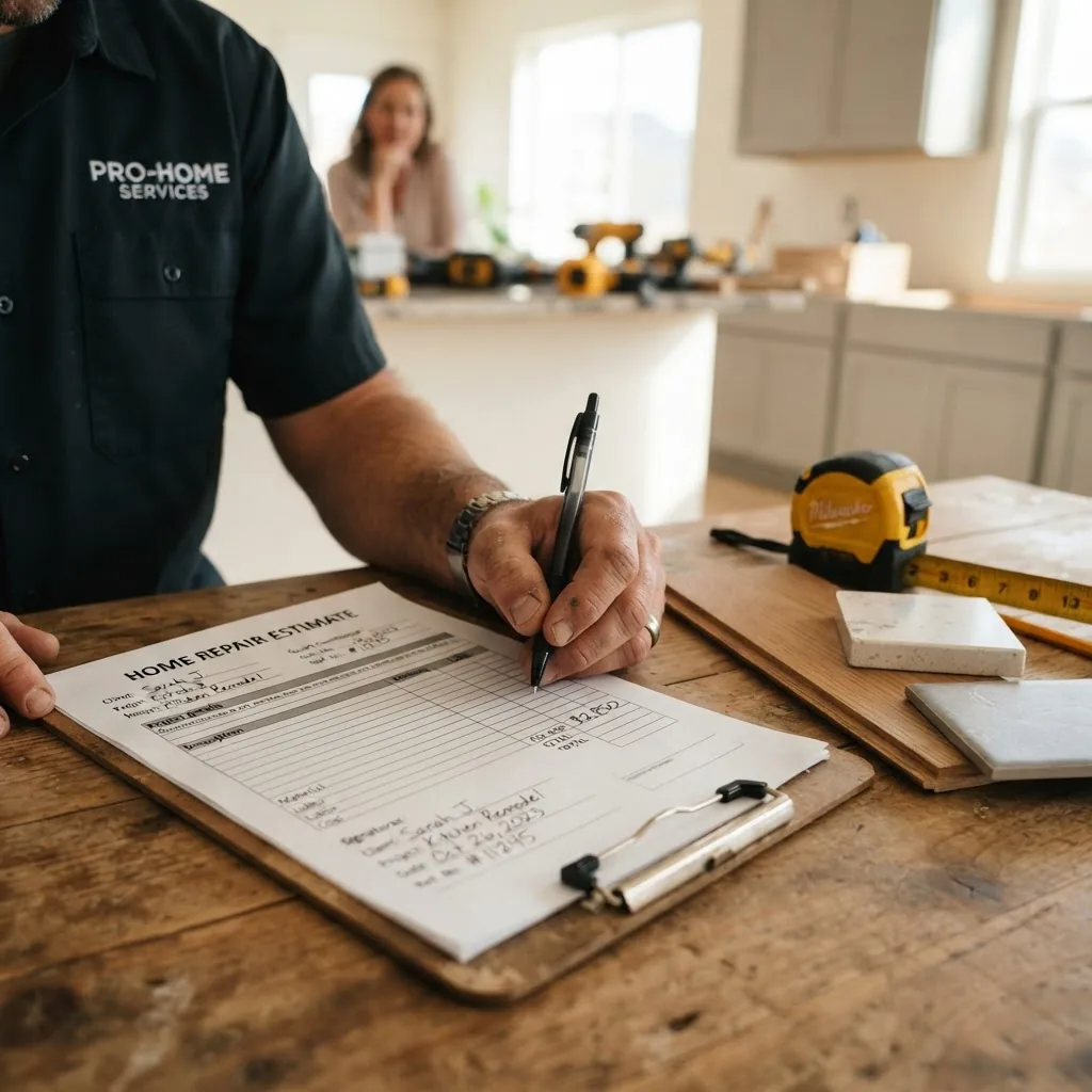 a hand filling out a home repair estimate template form on a clipboard with a pen, with sample material samples and a tape measure visible