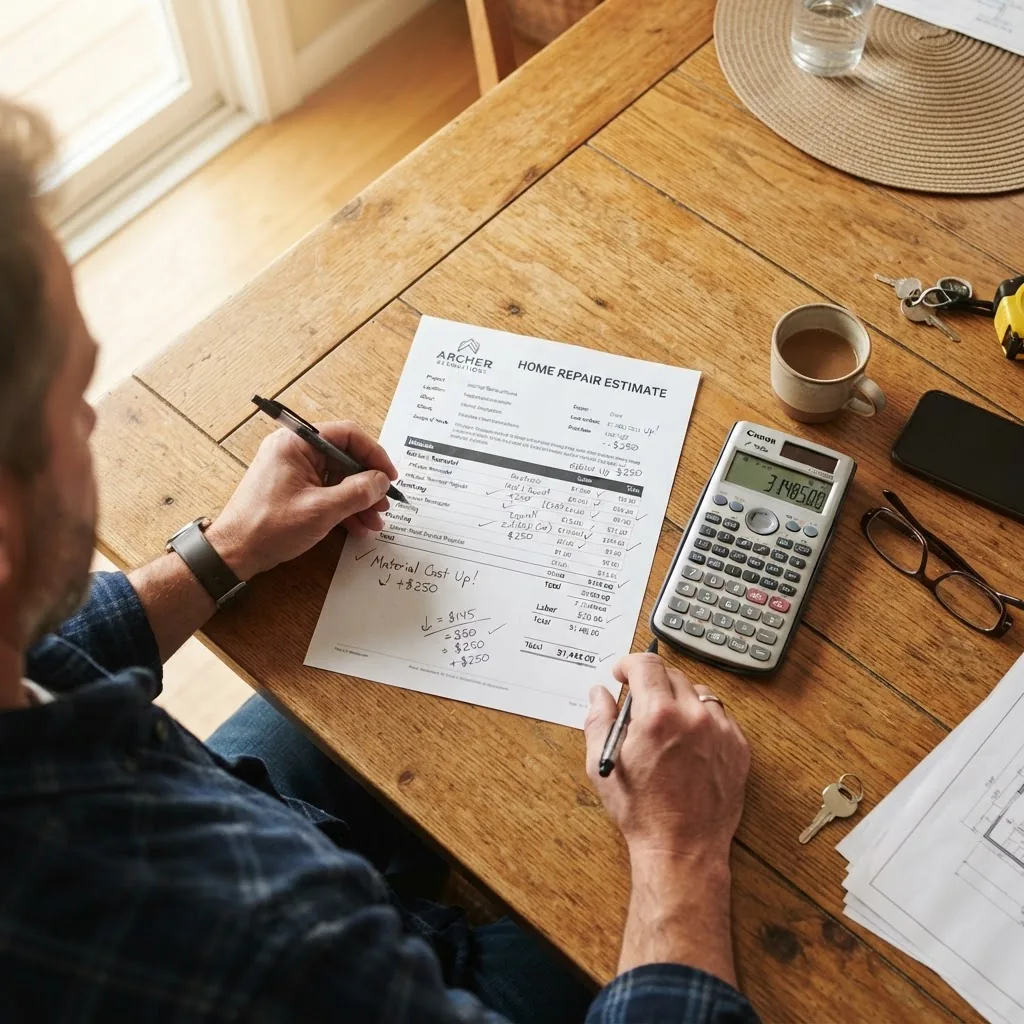 a homeowner or contractor at a kitchen table reviewing a printed home repair estimate template with handwritten notes and a calculator,