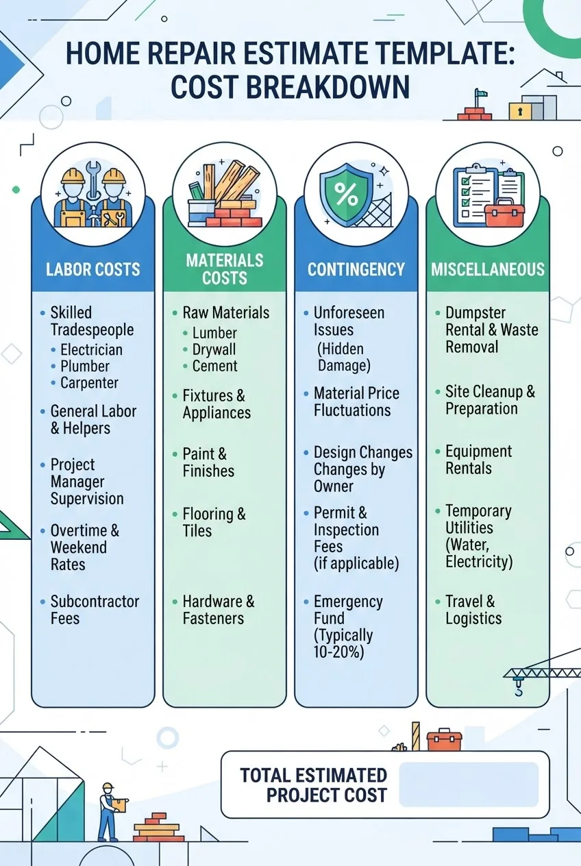 shows a labeled breakdown of a home repair estimate template, divided into sections: Labor Costs, Materials Costs, Contingency,