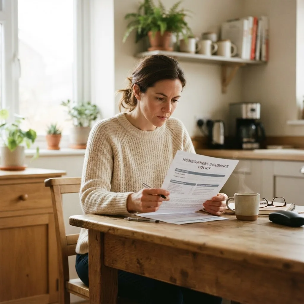 A bright indoor photo from a low angle showing a homeowner reviewing home insurance documents at a kitchen table, natural morning light,