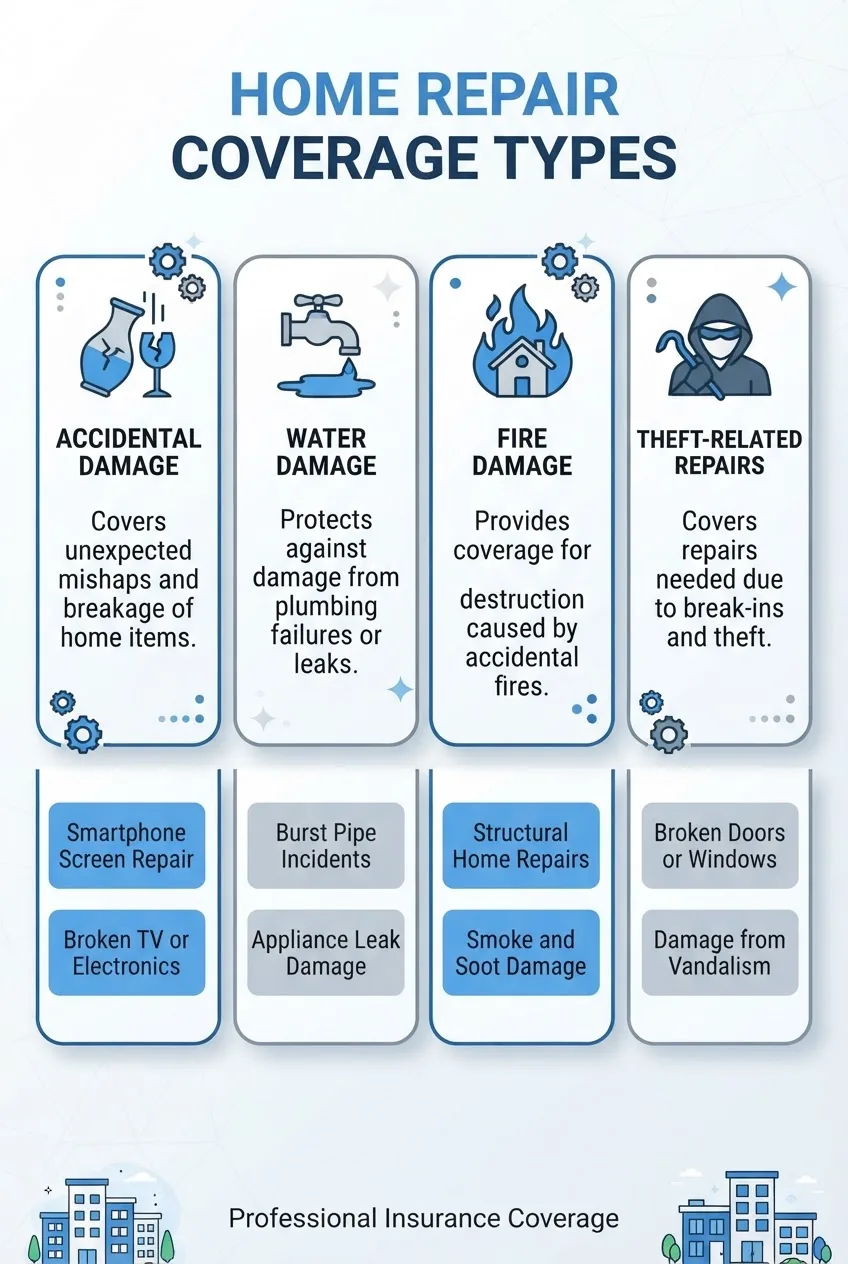 with four columns showing different coverage types: accidental damage, water damage, fire damage, and theft-related repairs. Each column